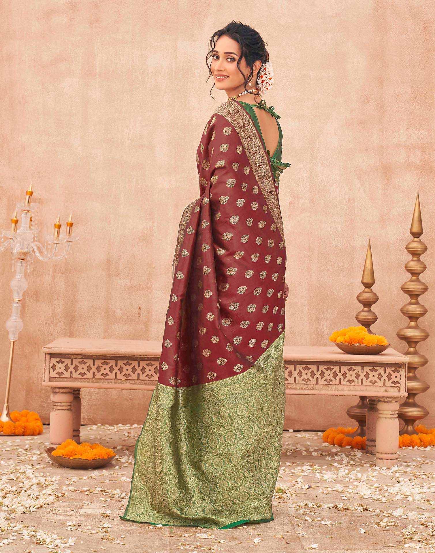 Maroon Shimmer Silk Woven Banarasi Saree - Image 6