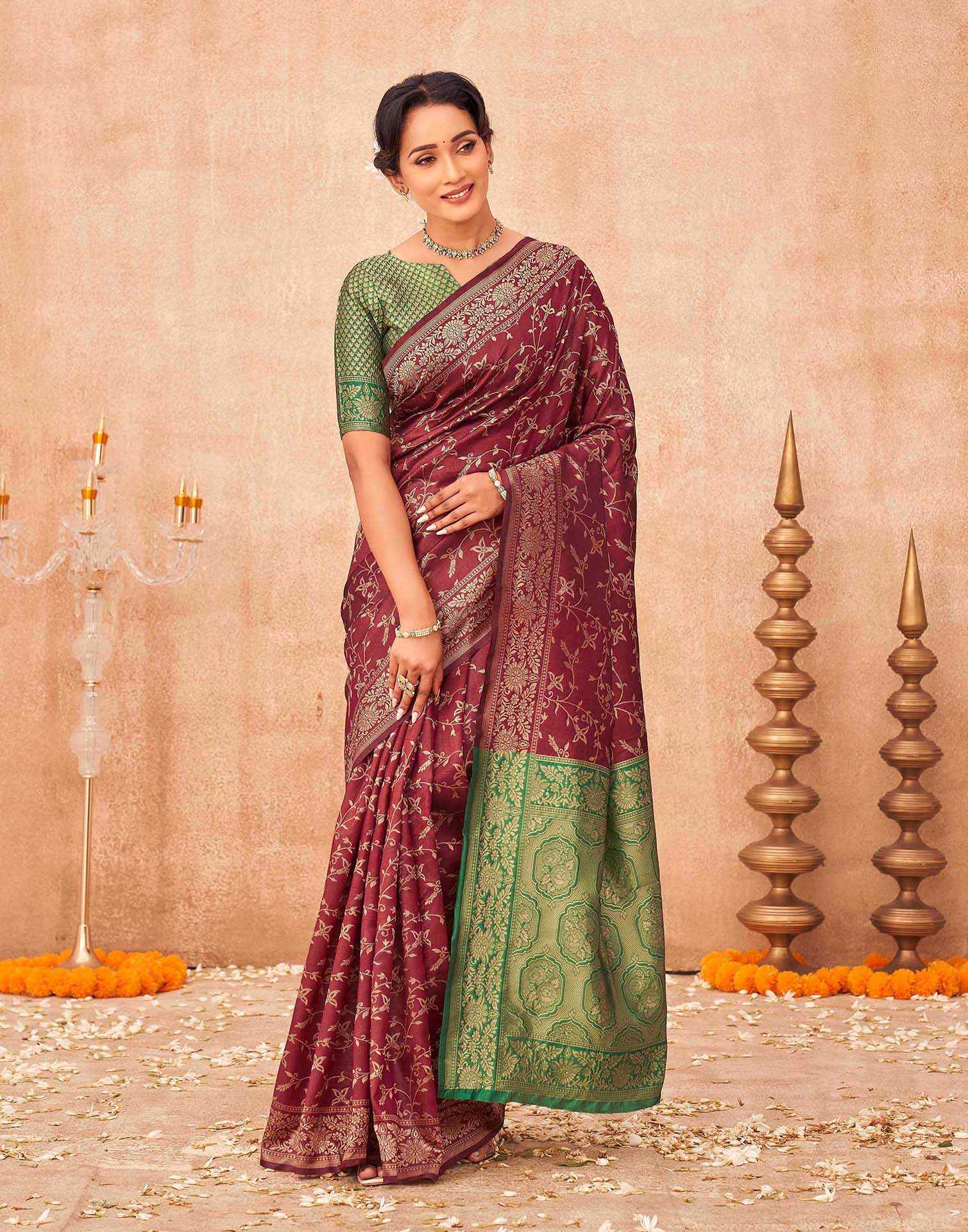 Maroon Shimmer Silk Woven Banarasi Saree - Image 2