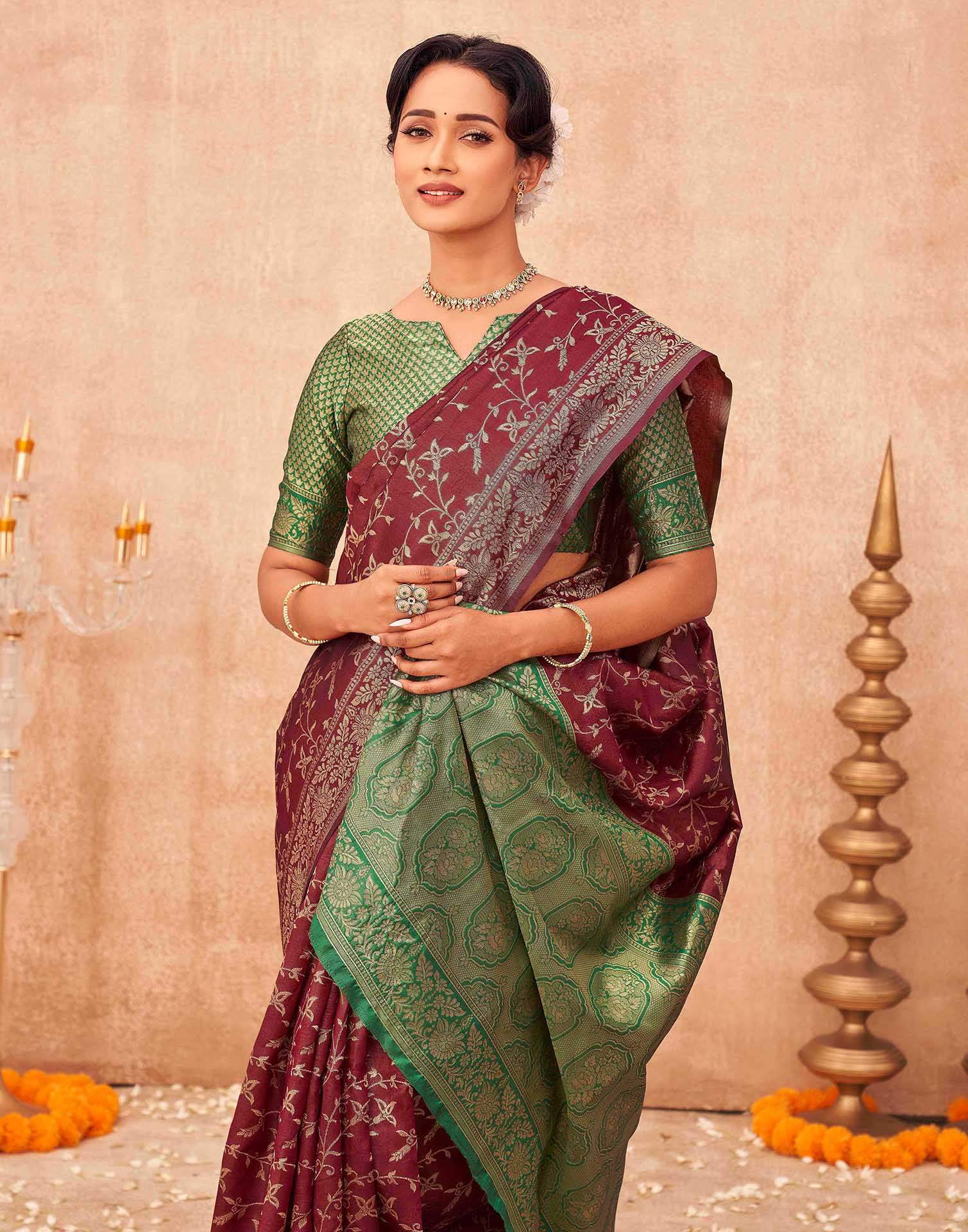 Maroon Shimmer Silk Woven Banarasi Saree - Image 3