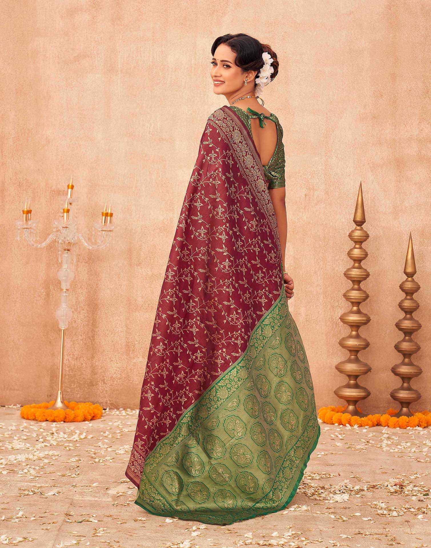 Maroon Shimmer Silk Woven Banarasi Saree - Image 6