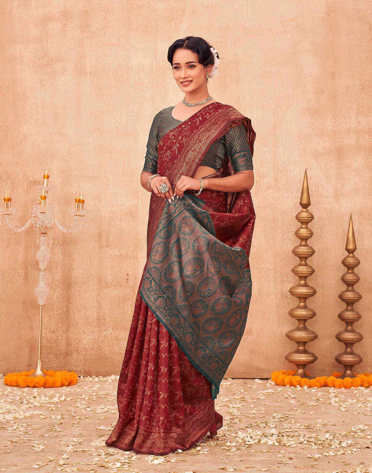 Maroon Shimmer Silk Woven Banarasi Saree - Image 5