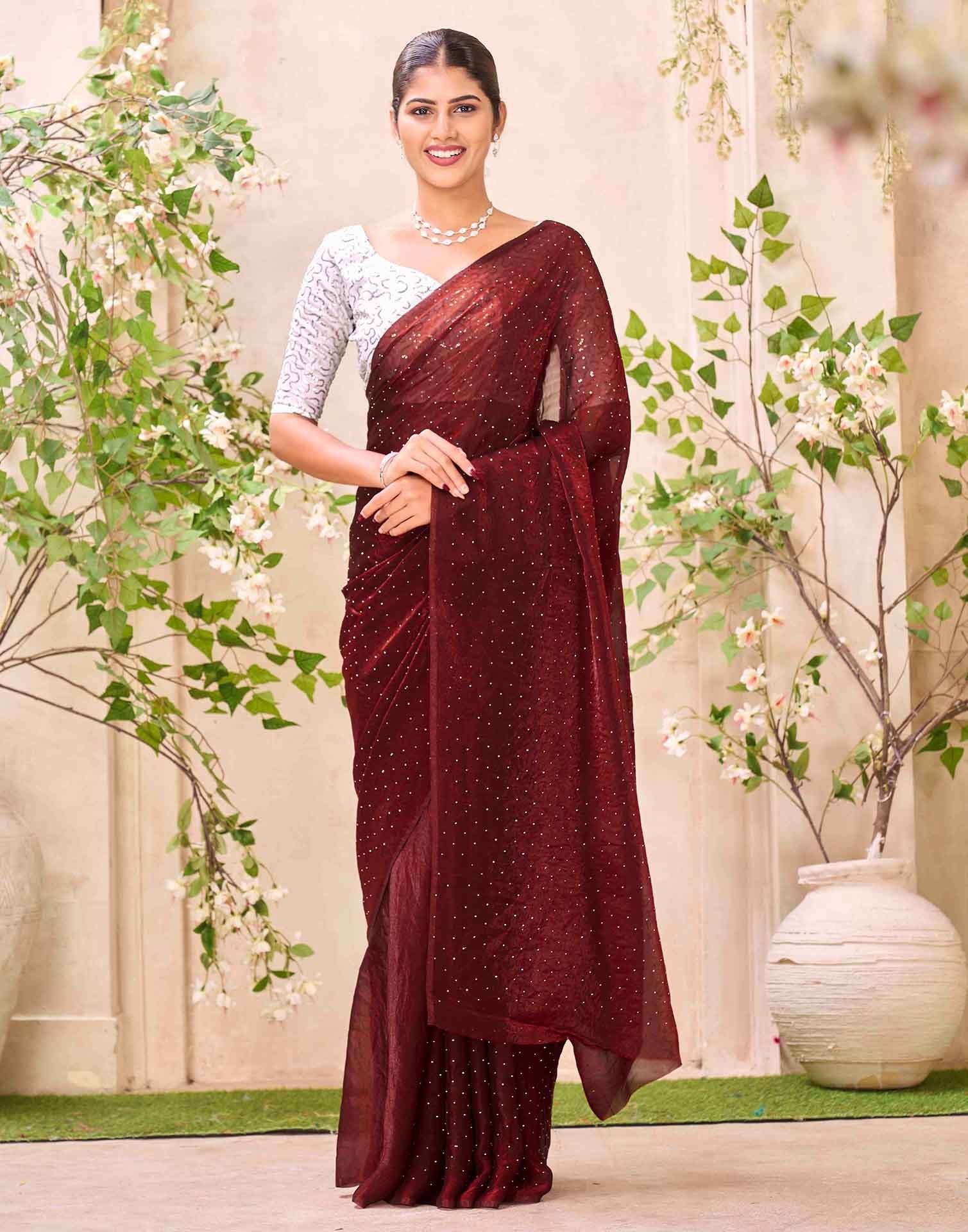 Maroon Shimmer Stone Work Swarovski Saree