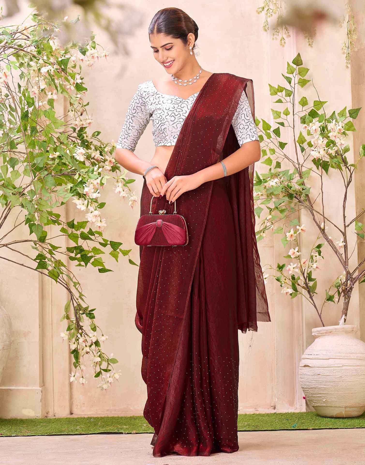 Maroon Shimmer Stone Work Swarovski Saree - Image 5