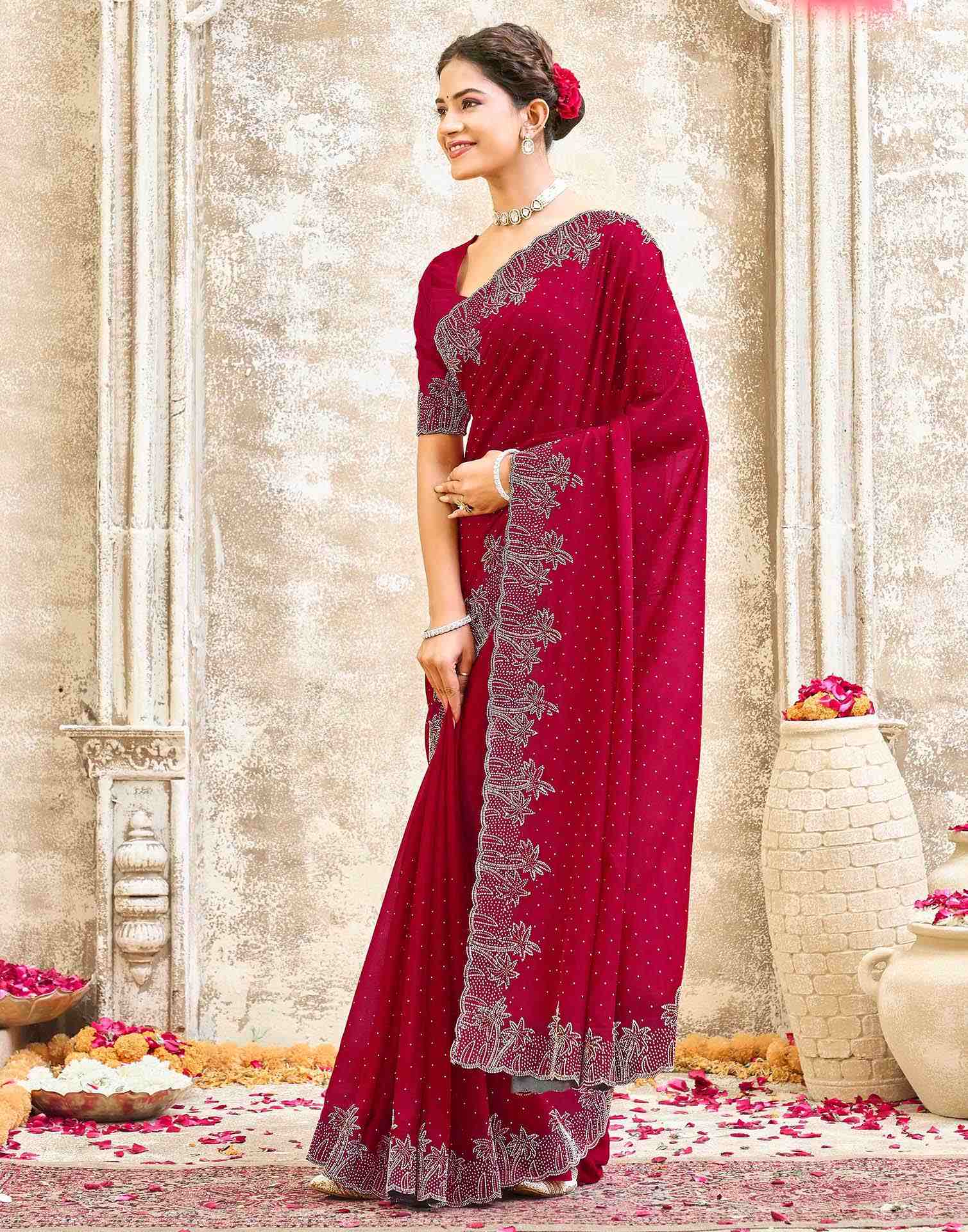 Maroon Shimmer Stone Work Swarovski Saree - Image 4