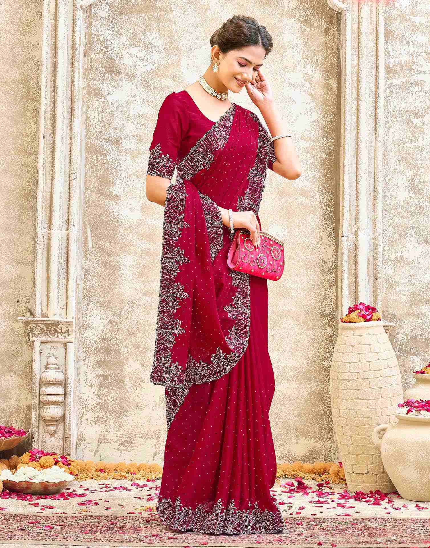 Maroon Shimmer Stone Work Swarovski Saree - Image 5
