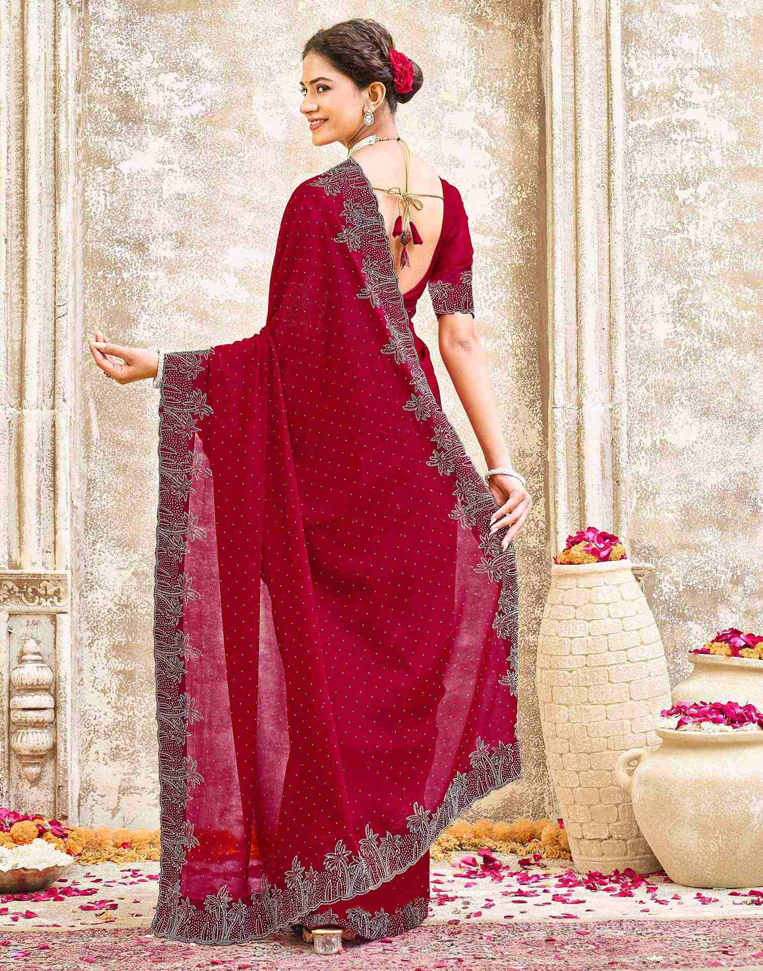 Maroon Shimmer Stone Work Swarovski Saree - Image 6