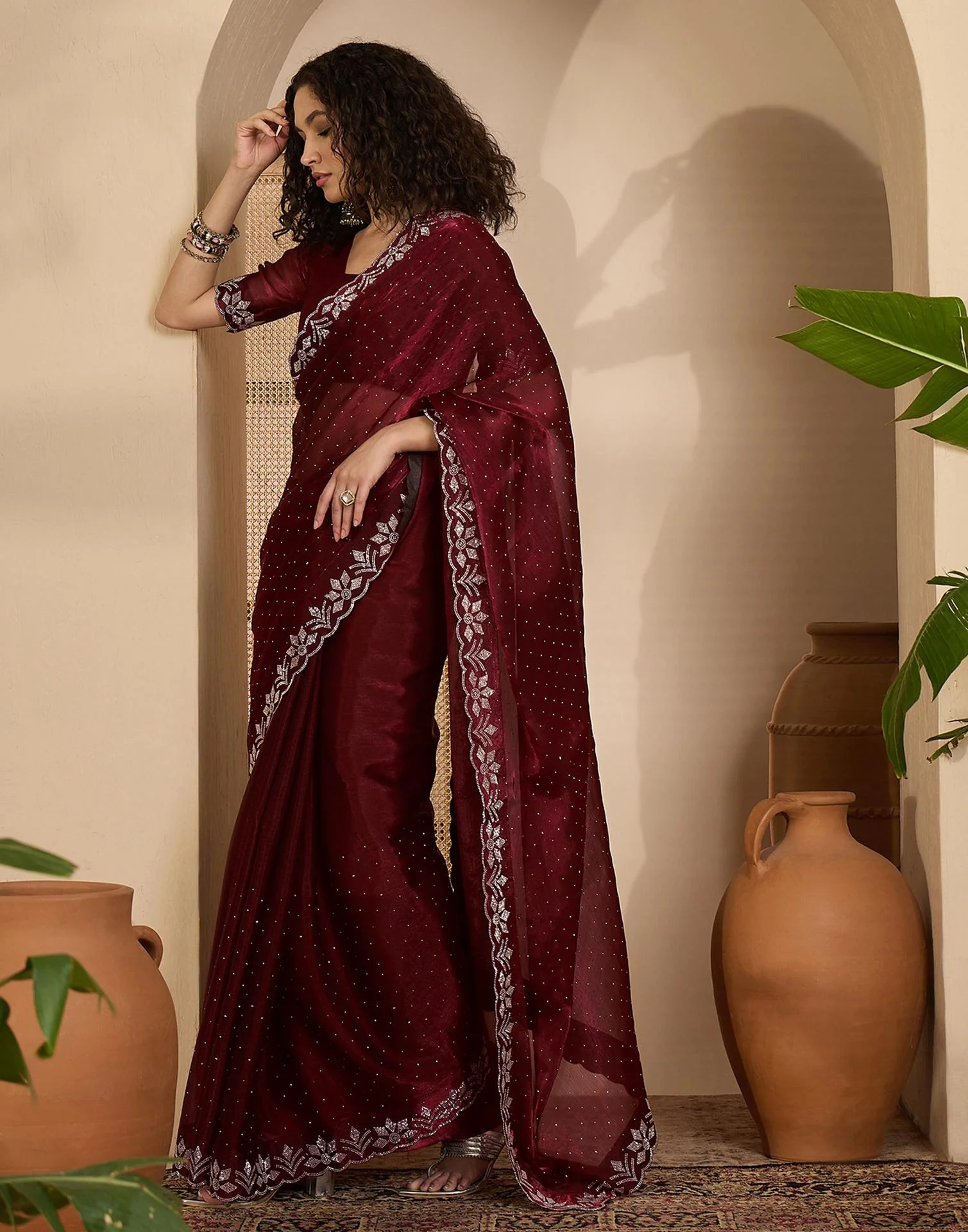 Maroon Shimmer Stone Work Swarovski Saree - Image 4