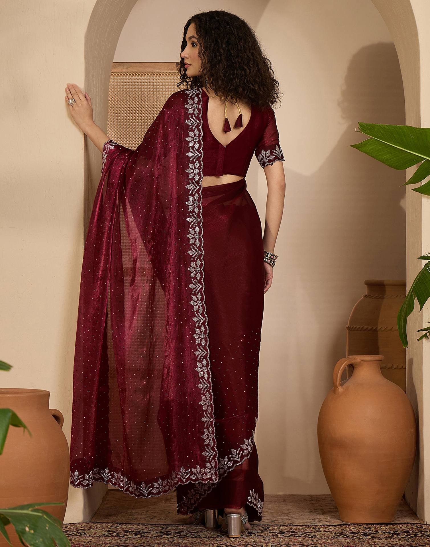 Maroon Shimmer Stone Work Swarovski Saree - Image 6