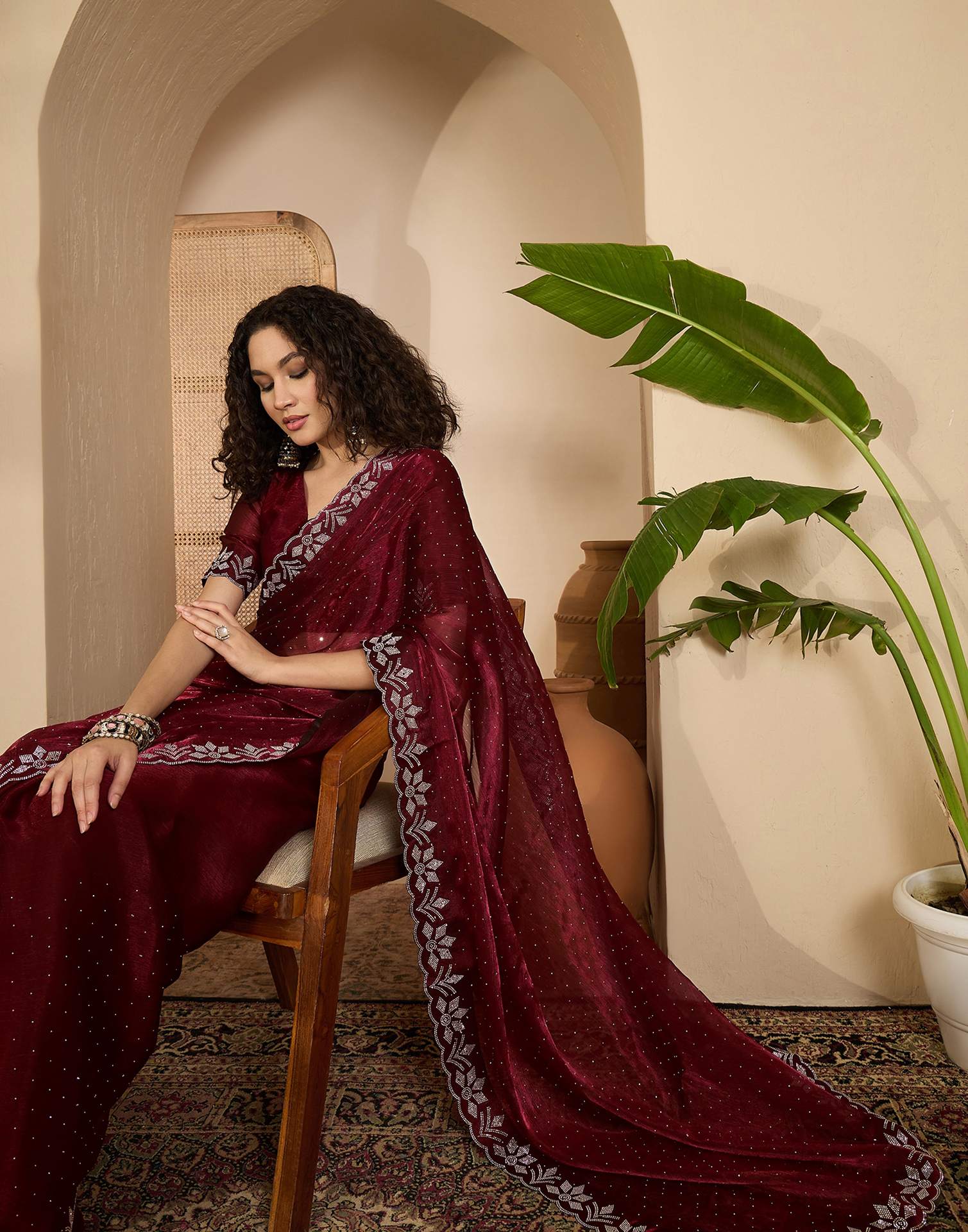 Maroon Shimmer Stone Work Swarovski Saree - Image 7