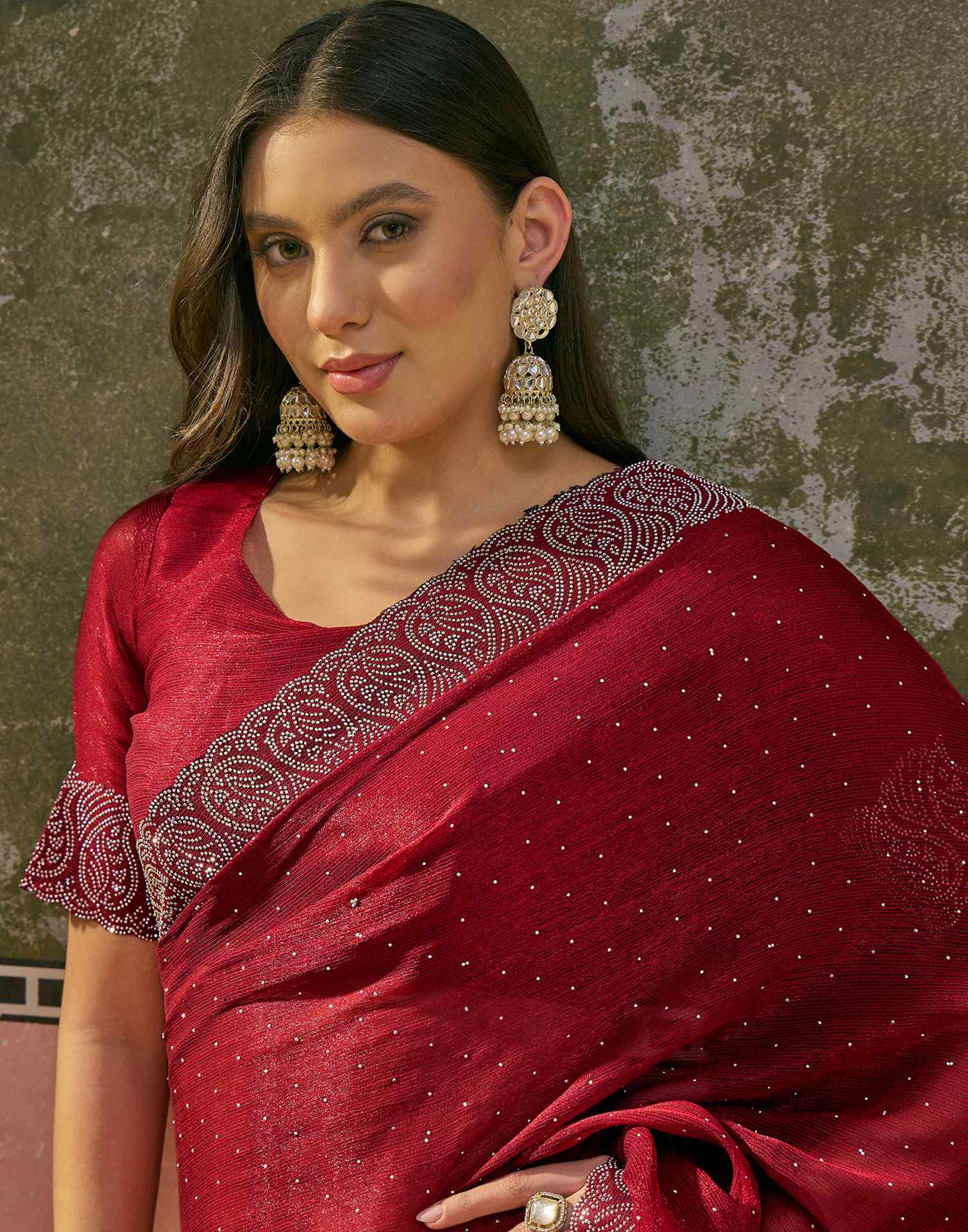 Maroon Shimmer Stone Work Swarovski Saree - Image 3