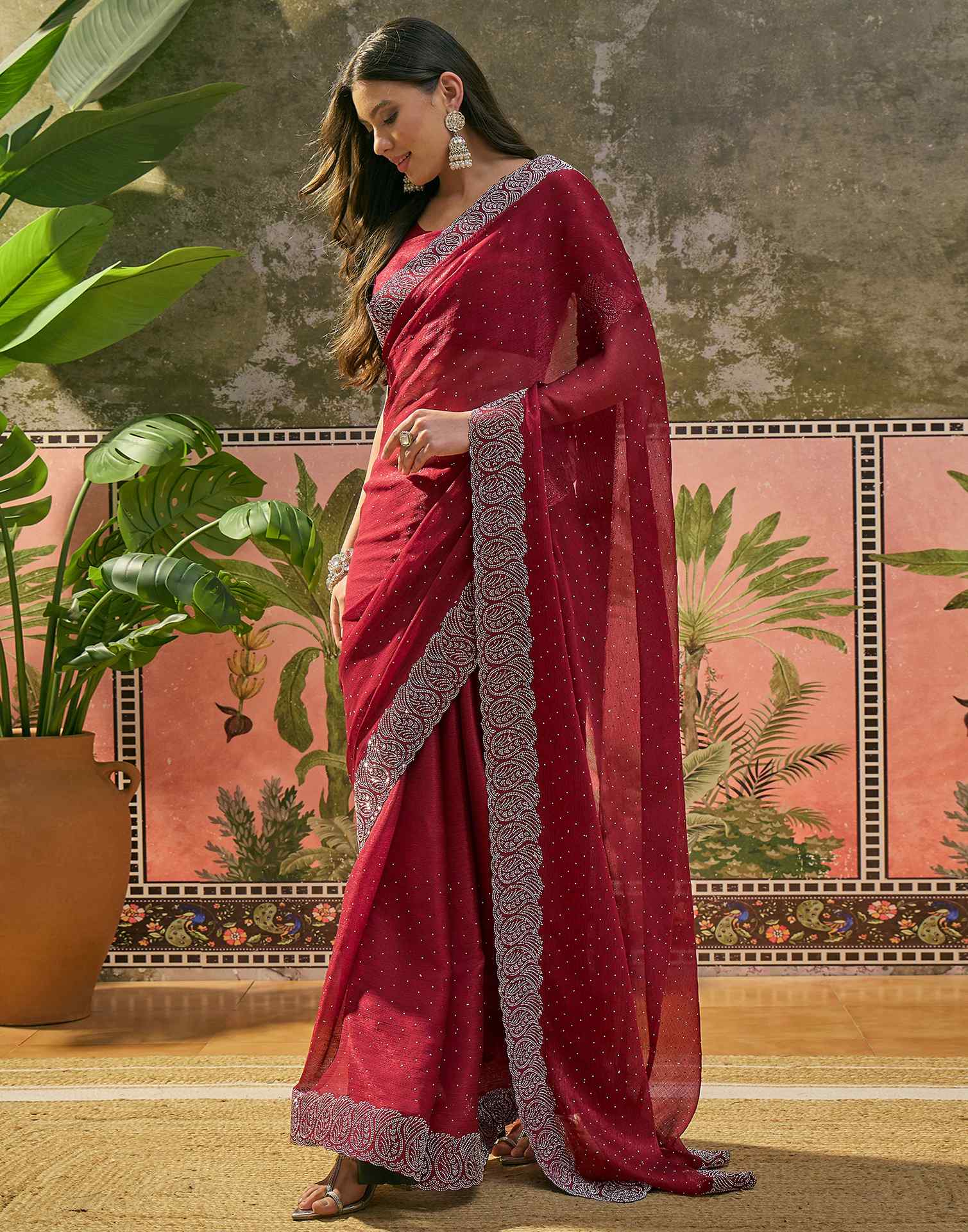 Maroon Shimmer Stone Work Swarovski Saree - Image 6