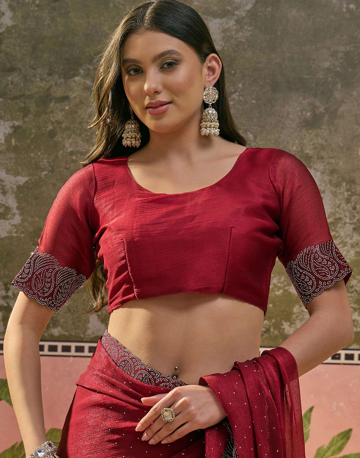 Maroon Shimmer Stone Work Swarovski Saree - Image 8