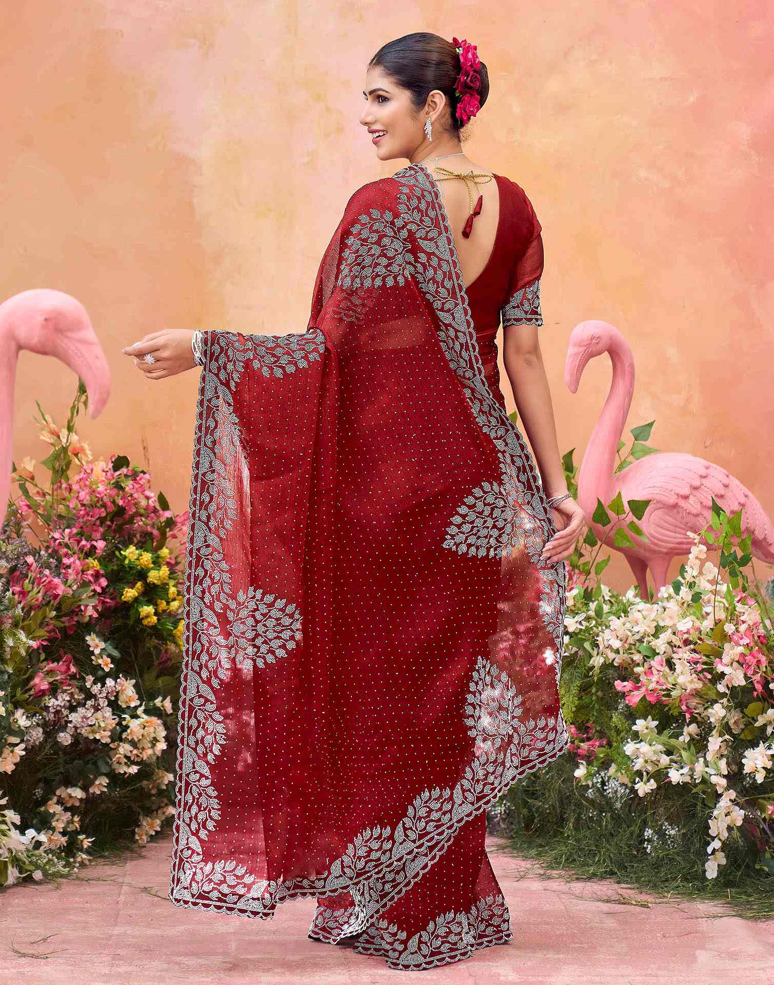 Maroon Shimmer Stone Work Swarovski Saree - Image 6