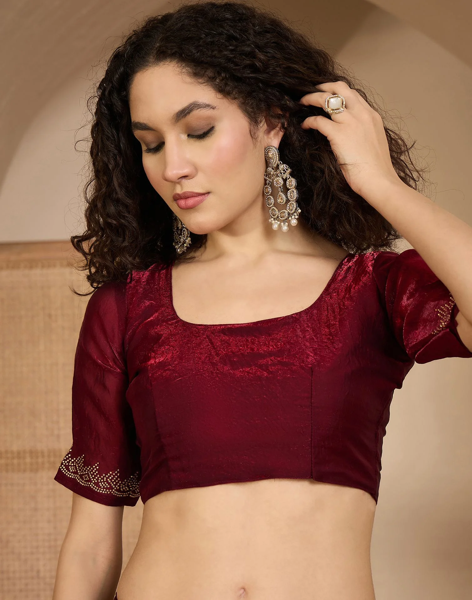 Maroon Shimmer Tissue Stone Work Swarovski saree - Image 9
