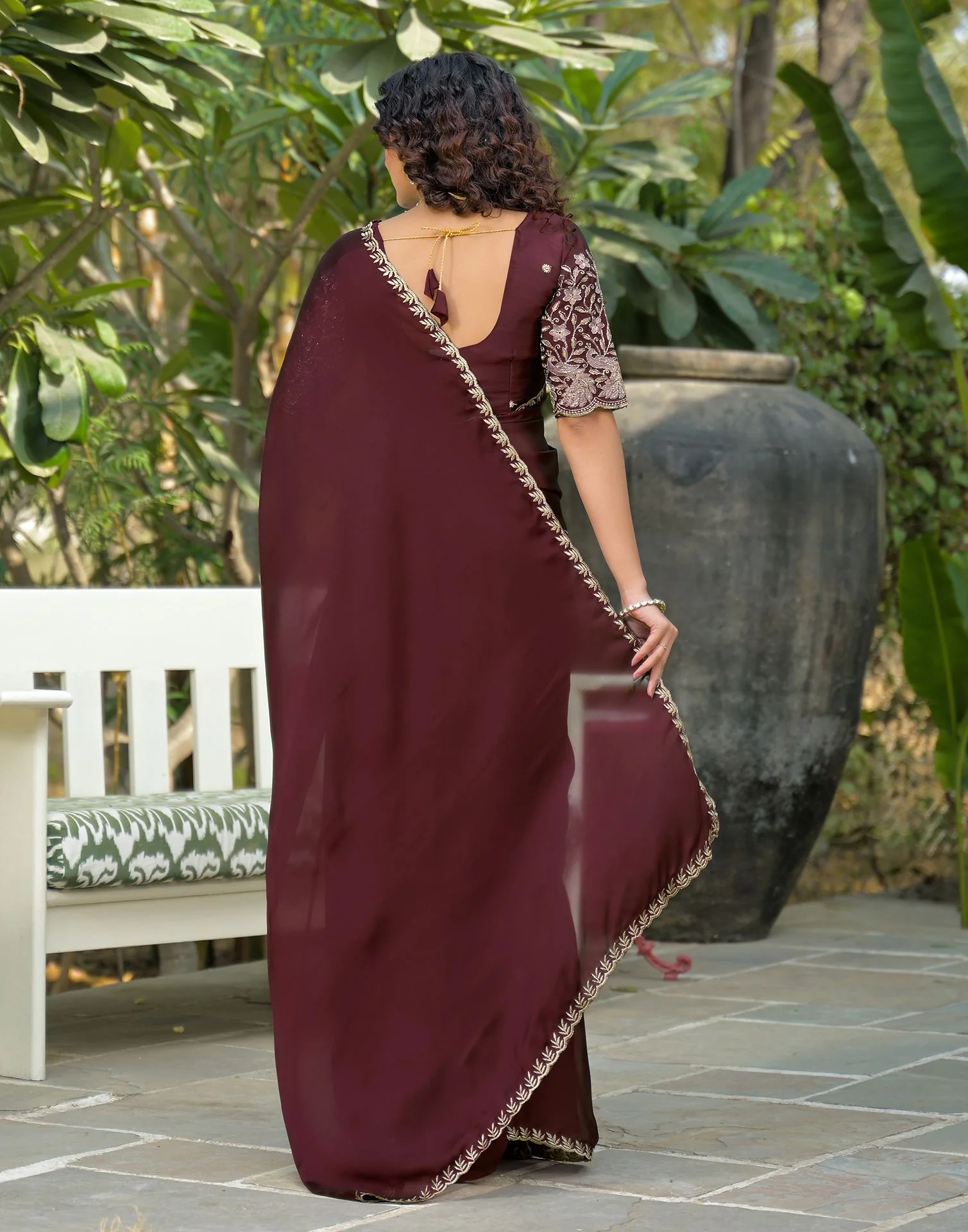 Maroon Silk Embroidery Saree - Image 6