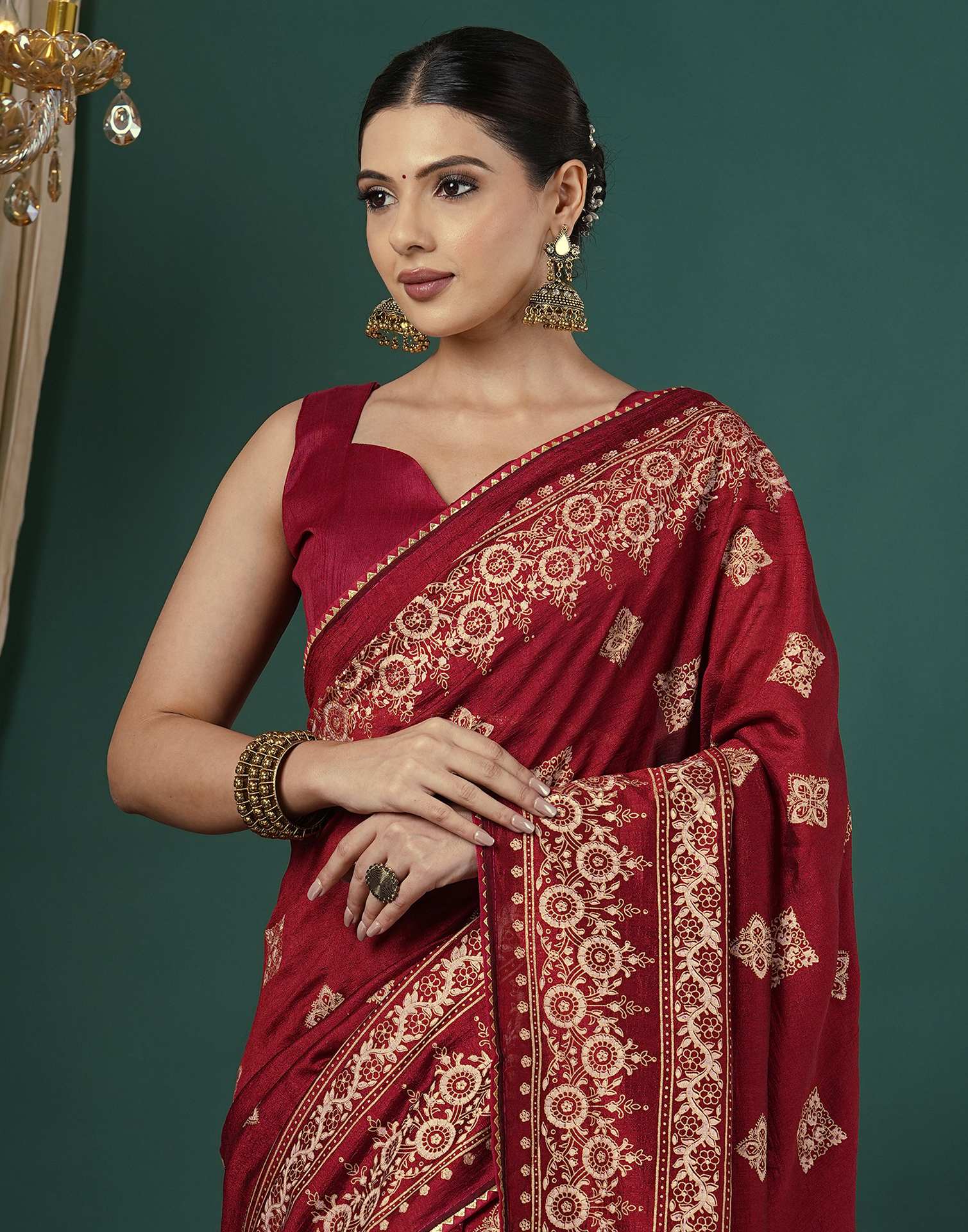 Maroon Silk Foil Printed Saree - Image 2