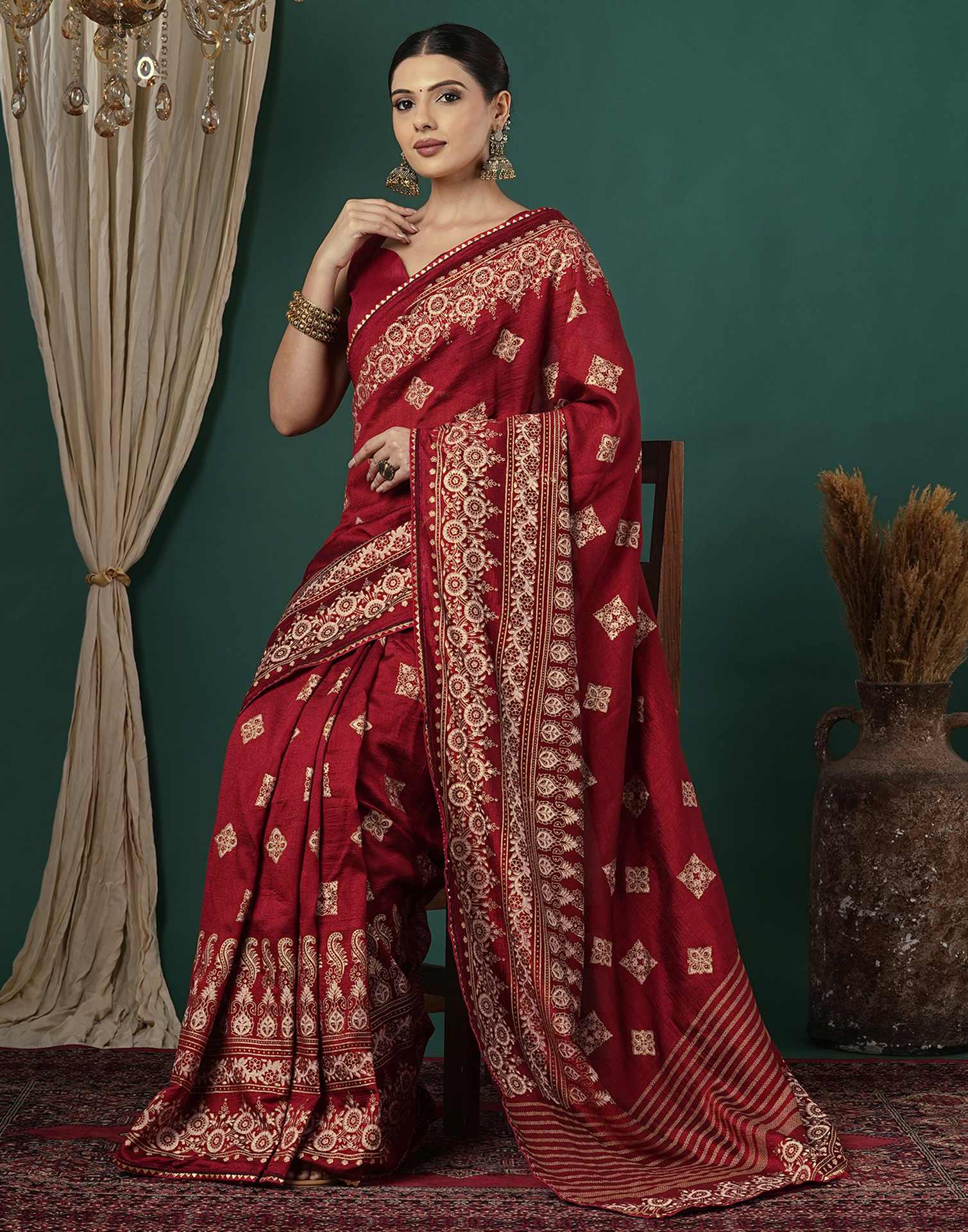 Maroon Silk Foil Printed Saree - Image 5