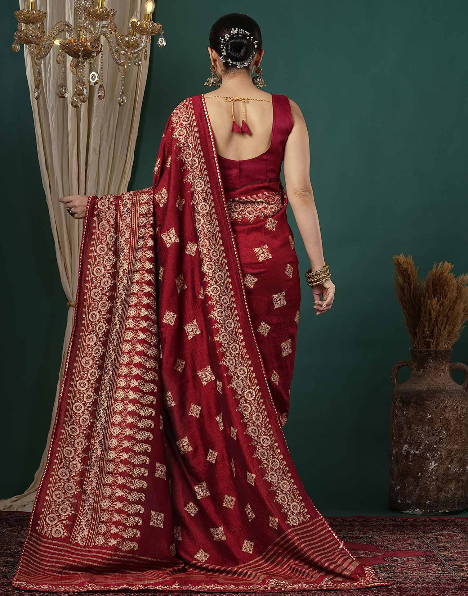 Maroon Silk Foil Printed Saree - Image 6