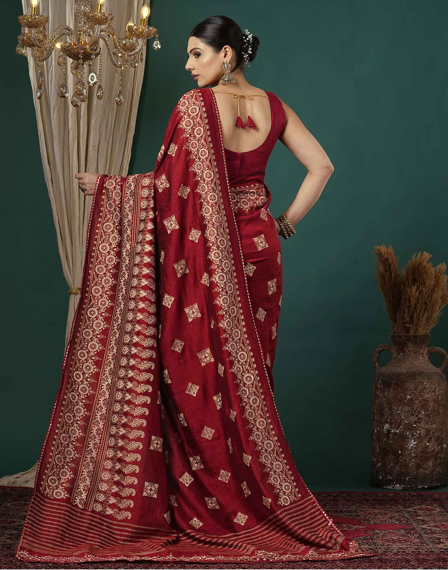 Maroon Silk Foil Printed Saree - Image 7