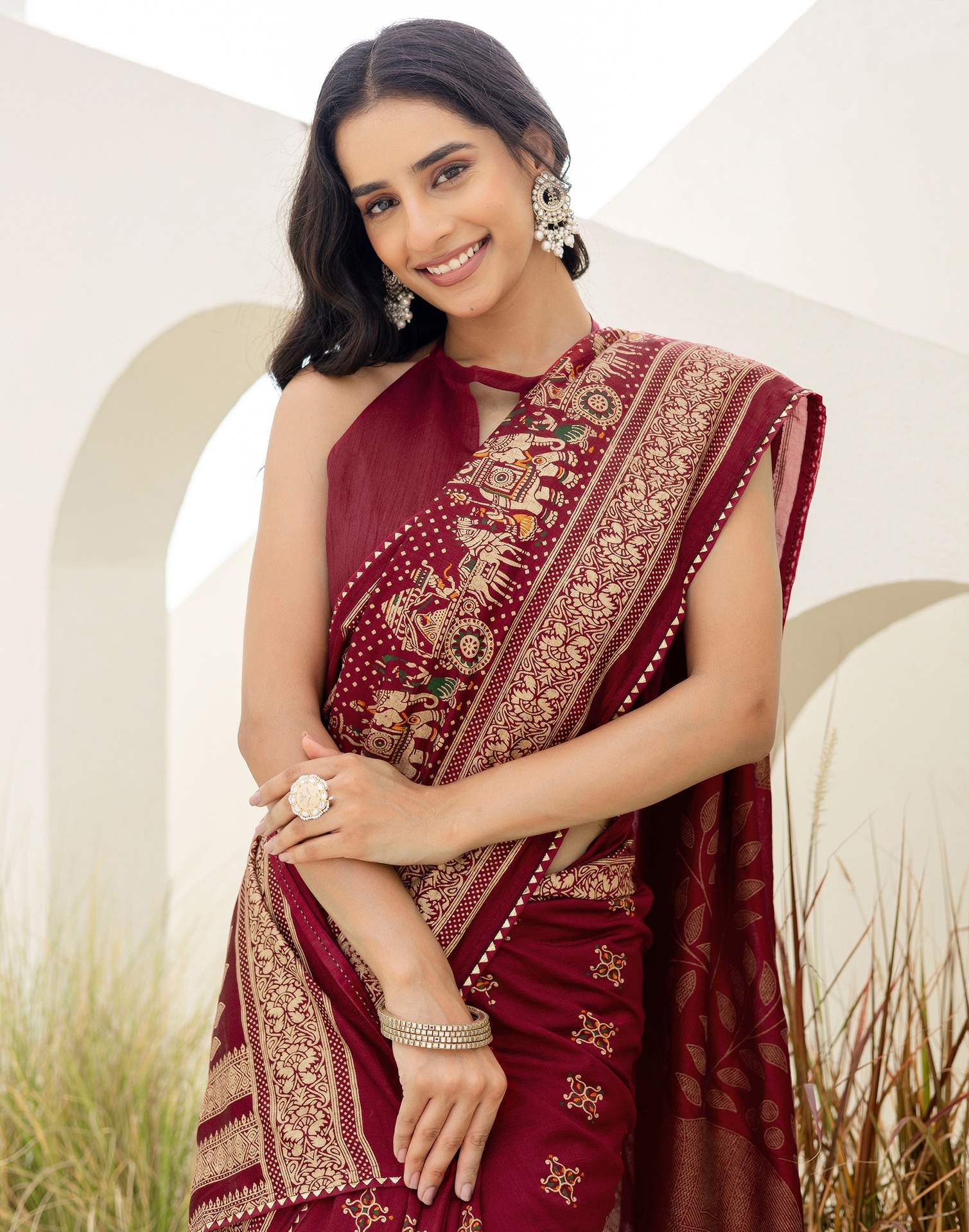 Maroon Silk Foil Printed Saree - Image 2