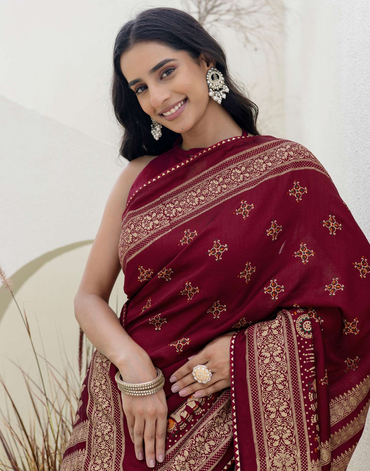 Maroon Silk Foil Printed Saree - Image 4