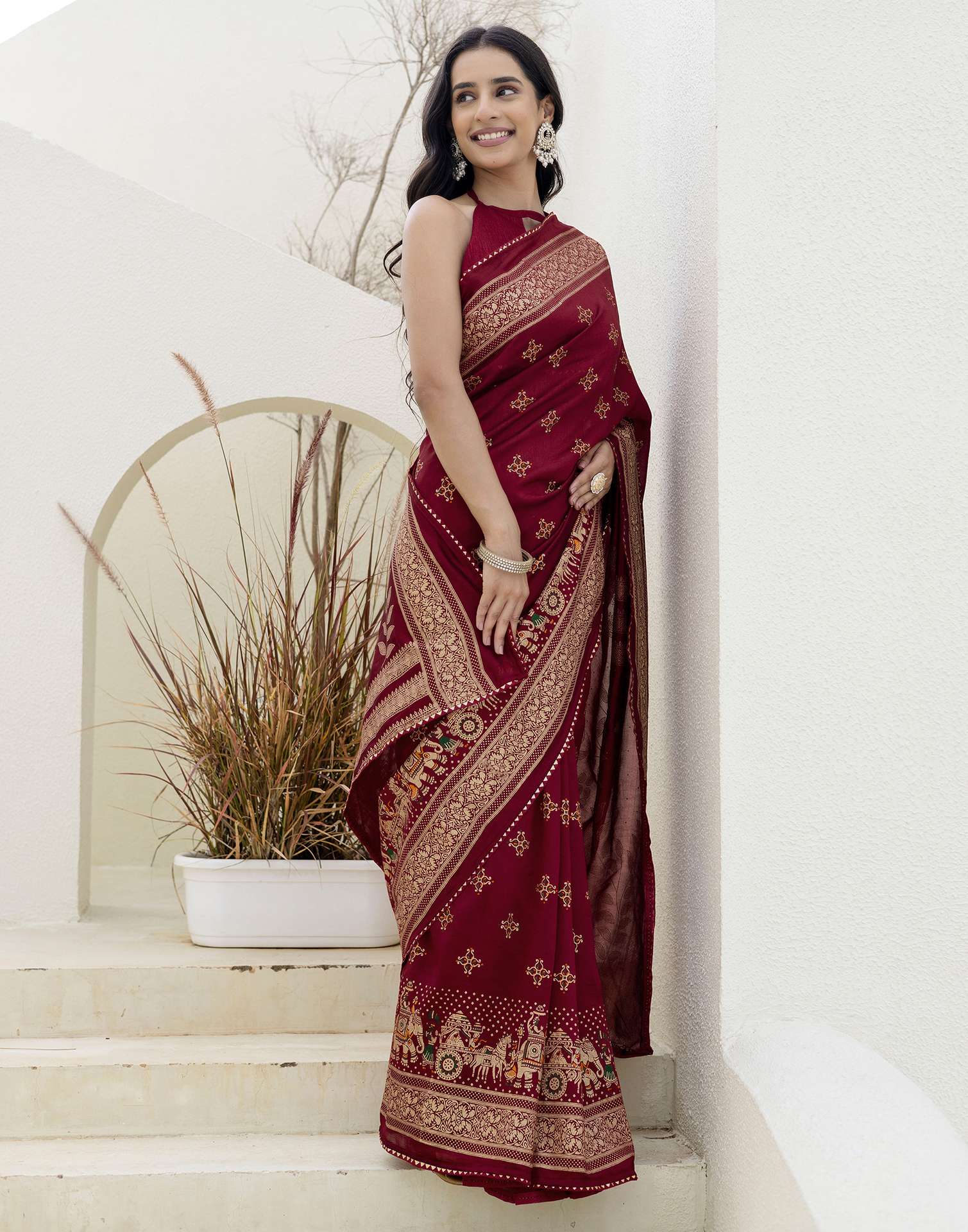 Maroon Silk Foil Printed Saree - Image 5