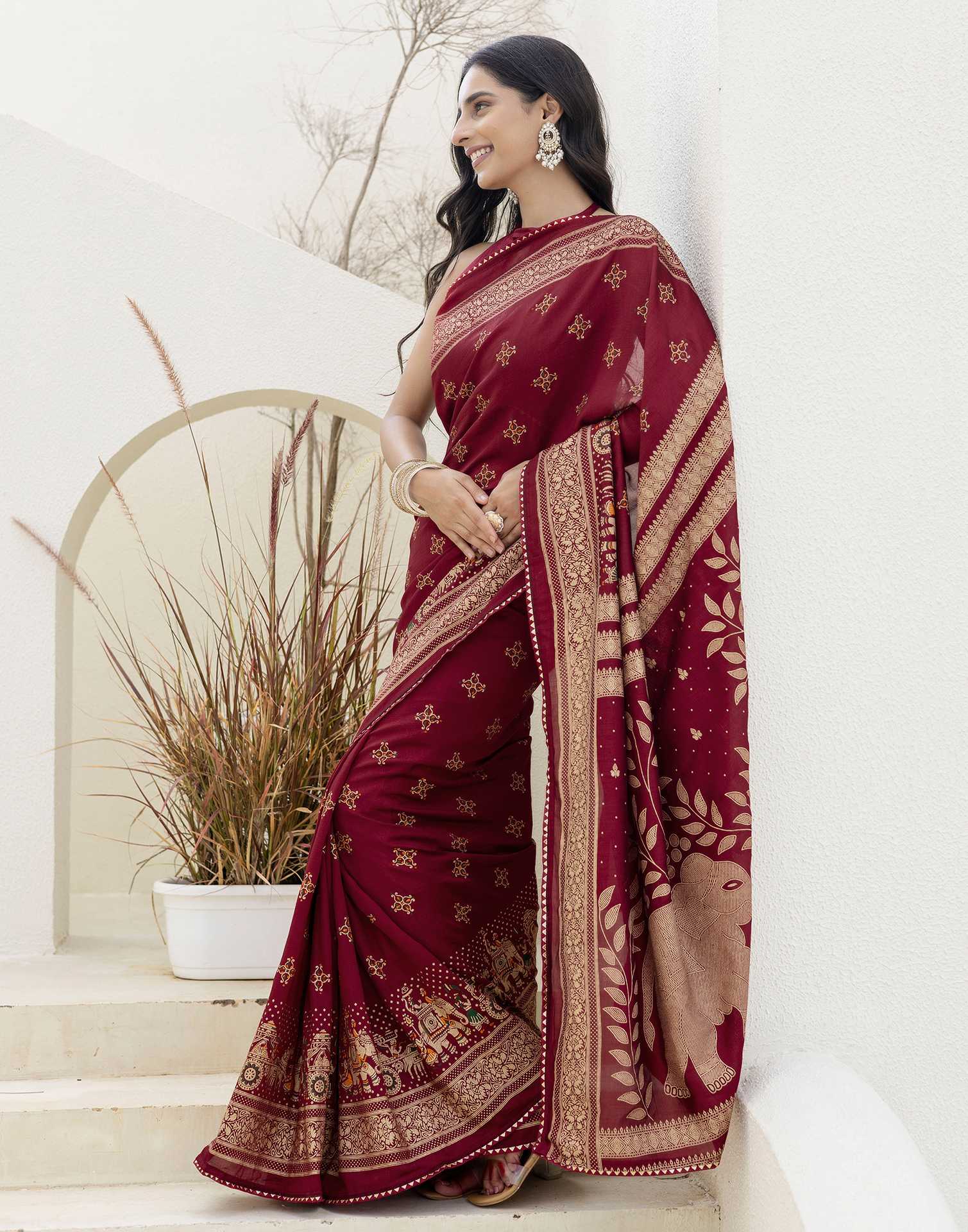 Maroon Silk Foil Printed Saree - Image 6