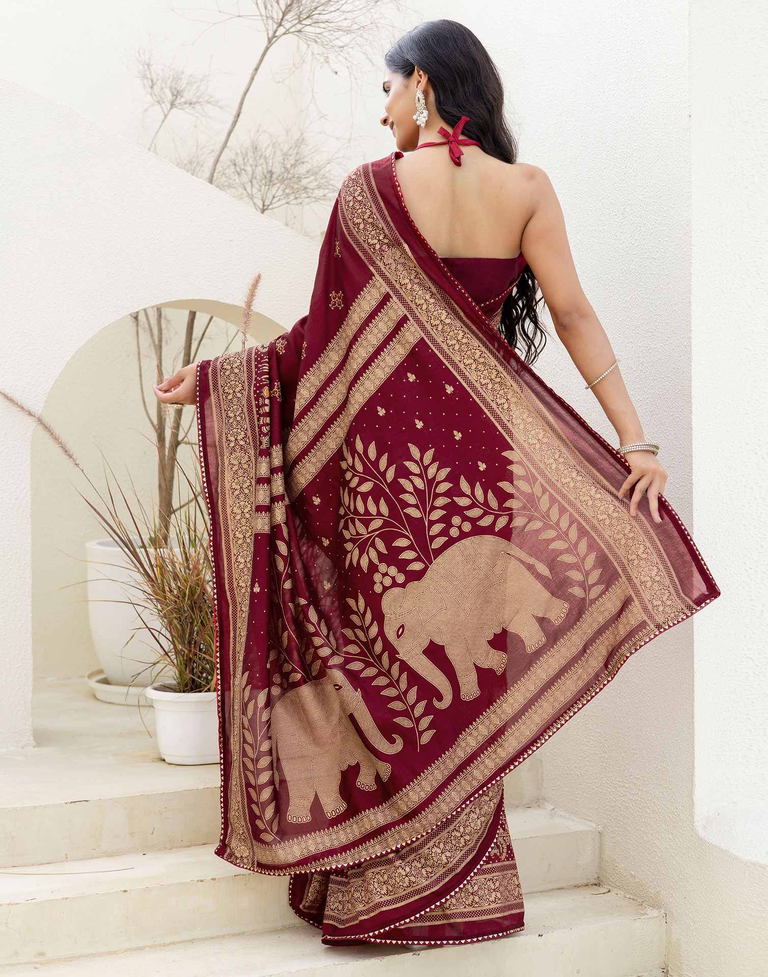 Maroon Silk Foil Printed Saree - Image 7