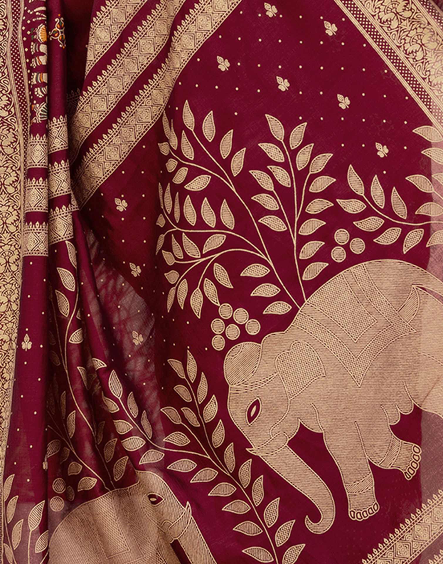 Maroon Silk Foil Printed Saree - Image 9