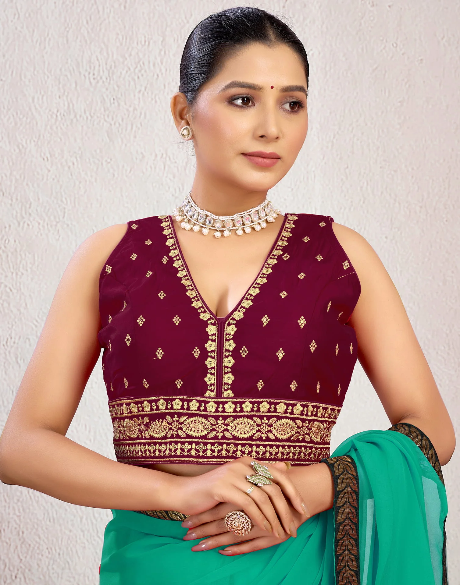 Maroon Silk Plain Embroidery Blouse - Image 5