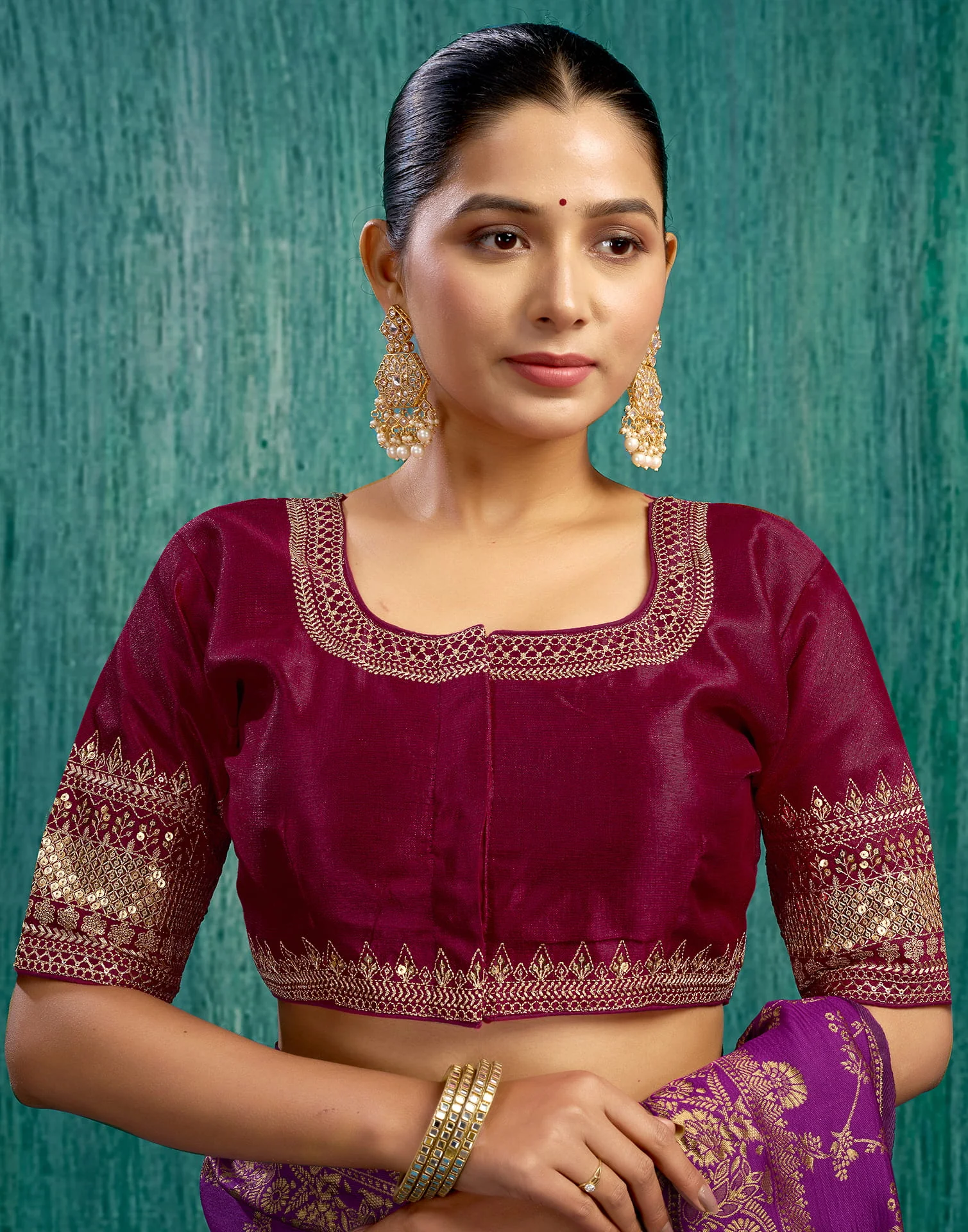 Maroon Silk Plain Sequence Blouse - Image 6