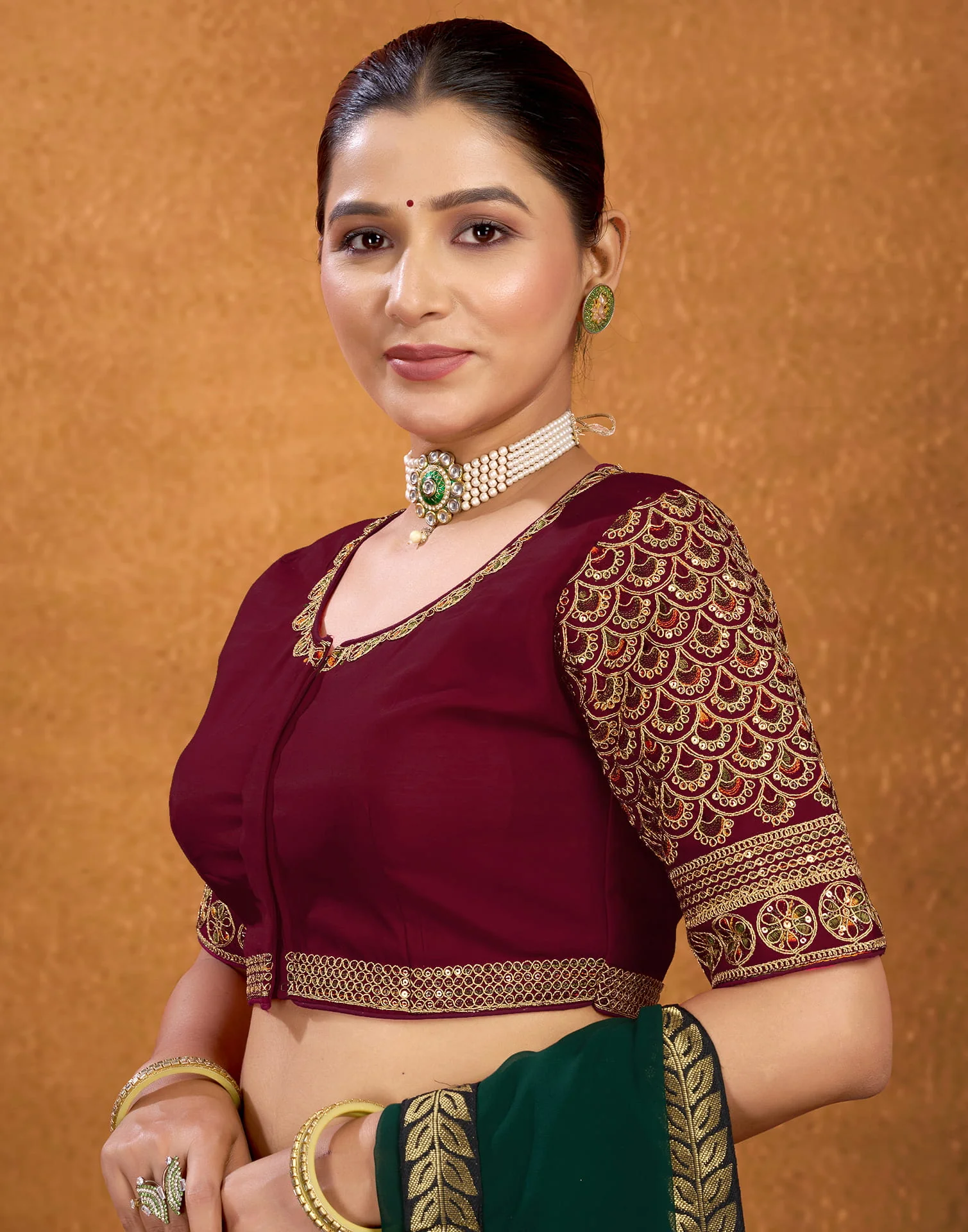 Maroon Silk Sequence Embroidery Blouse - Image 4