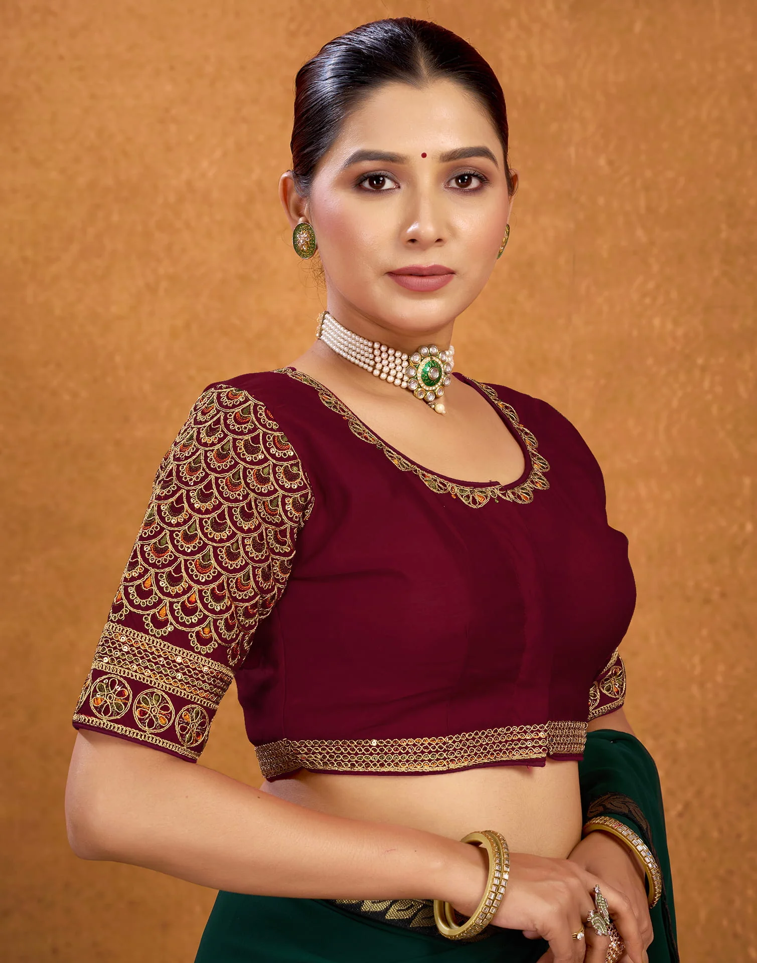 Maroon Silk Sequence Embroidery Blouse - Image 5