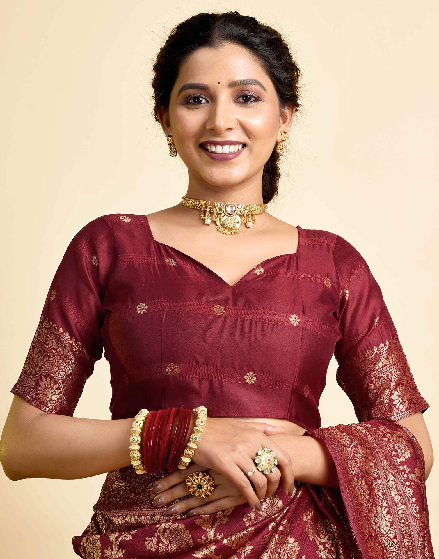 Maroon Silk Woven Banarasi Saree - Image 8