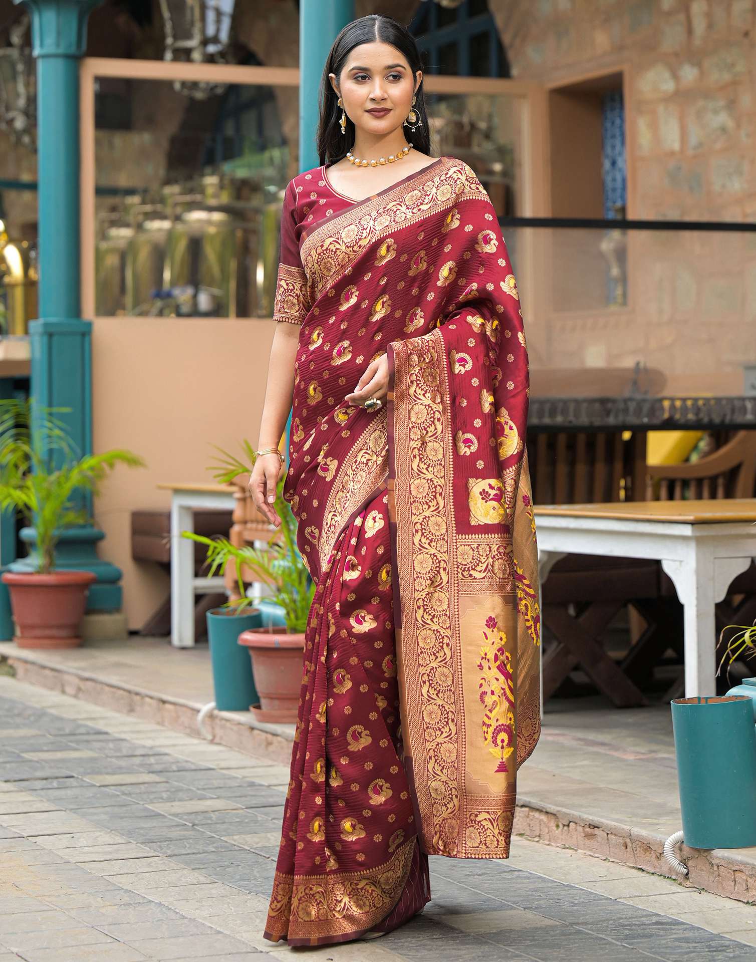 Maroon Silk Woven Banarasi Saree - Image 7