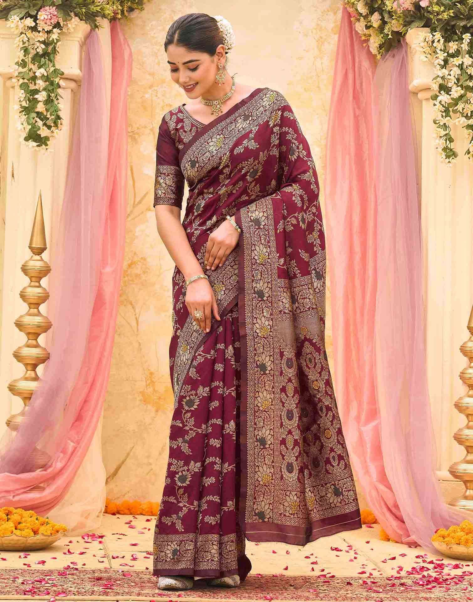 Maroon Silk Woven Banarasi Saree - Image 2