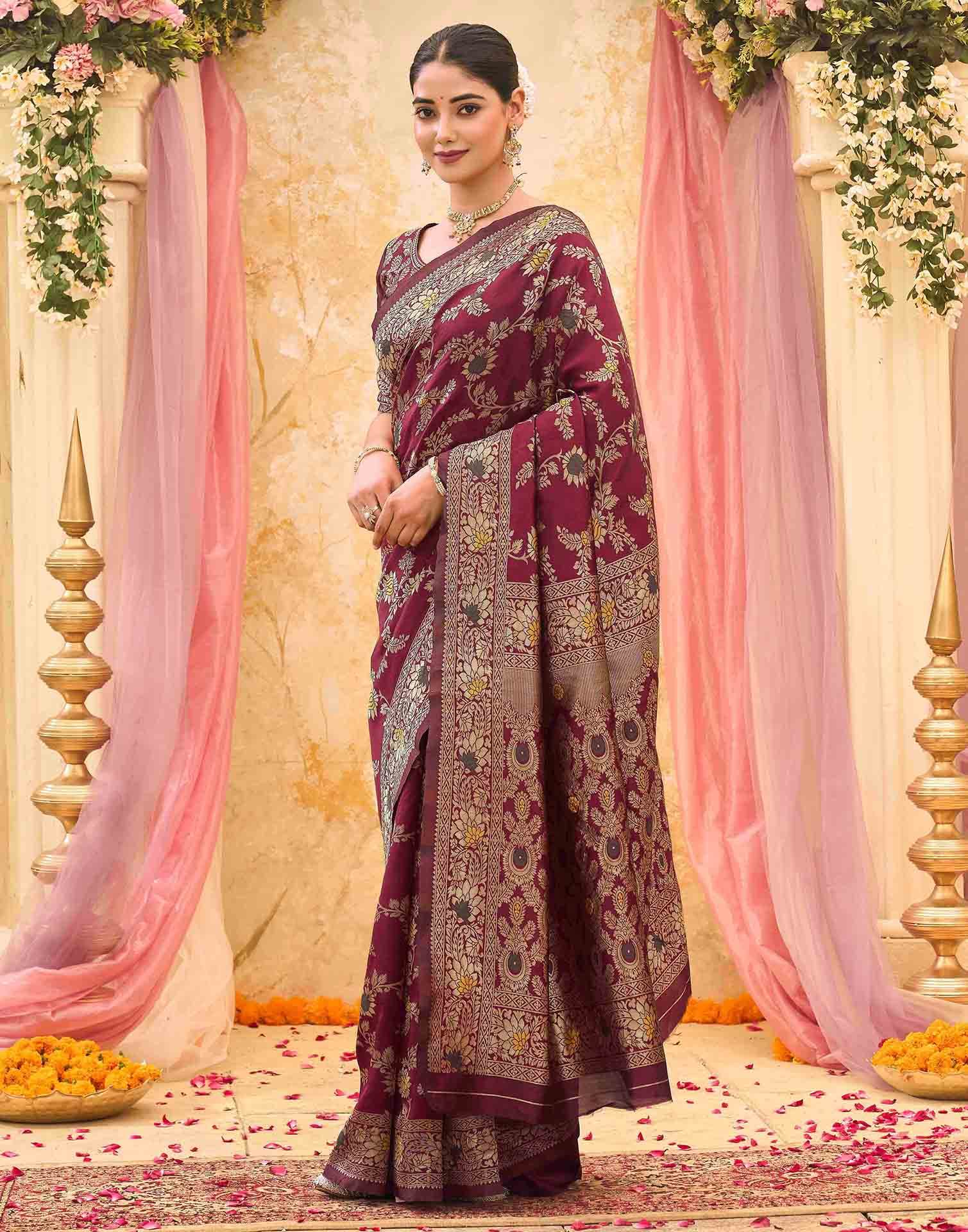 Maroon Silk Woven Banarasi Saree - Image 5