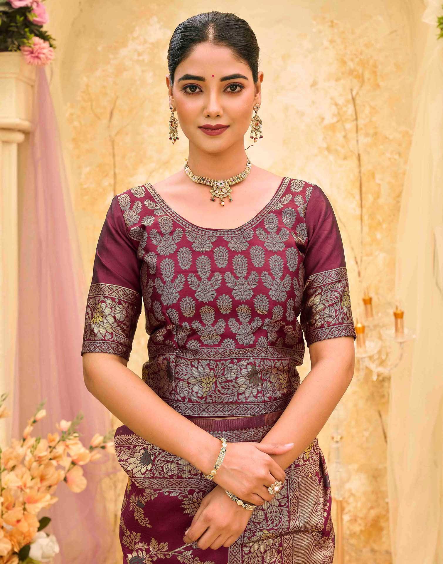 Maroon Silk Woven Banarasi Saree - Image 8