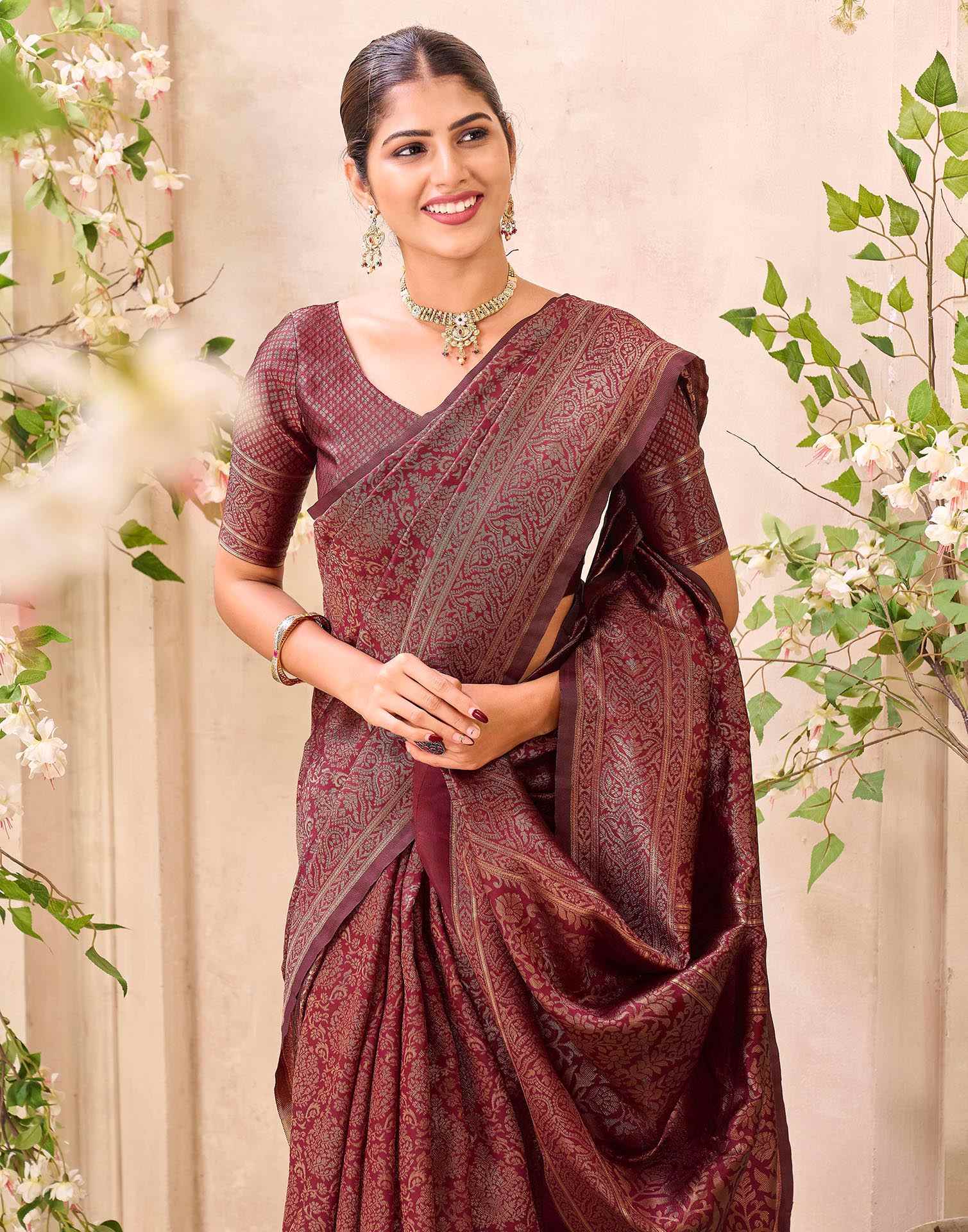 Maroon Silk Woven Banarasi Saree - Image 2