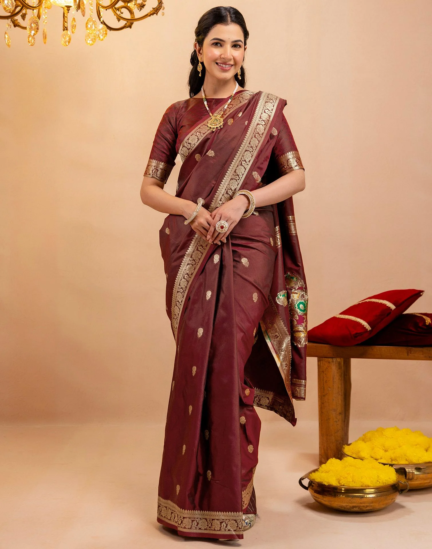 Maroon Silk Woven Banarasi Saree - Image 7