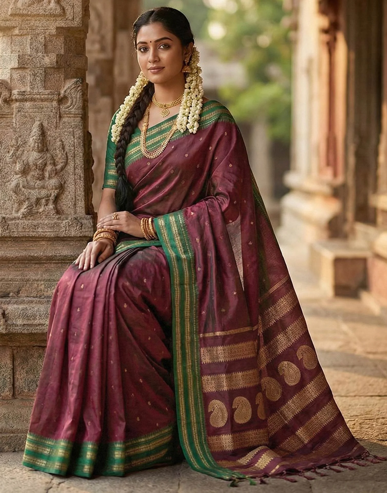 Maroon Silk Woven Kanjivaram Saree - Image 4