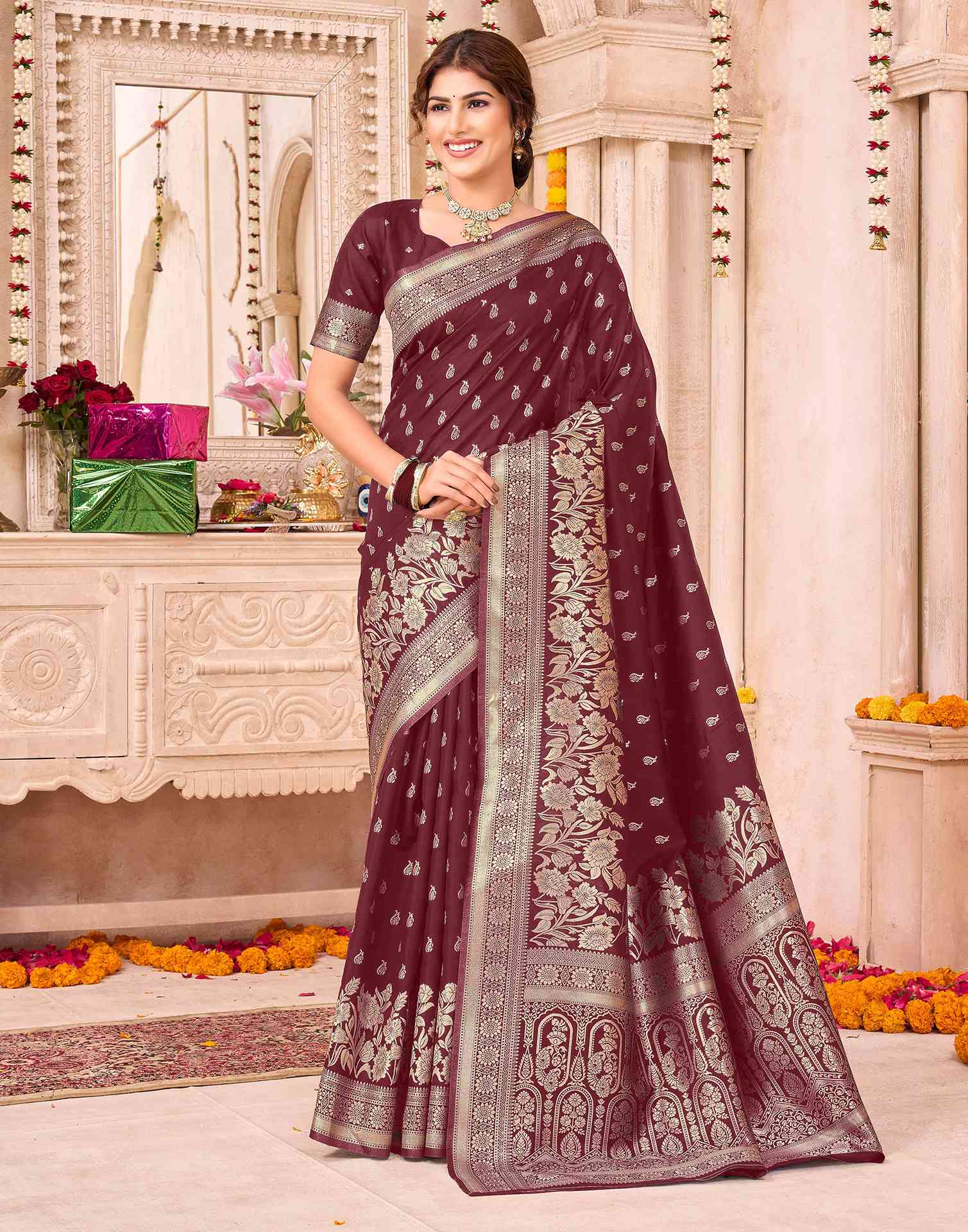 Maroon Silk Woven Saree - Image 2