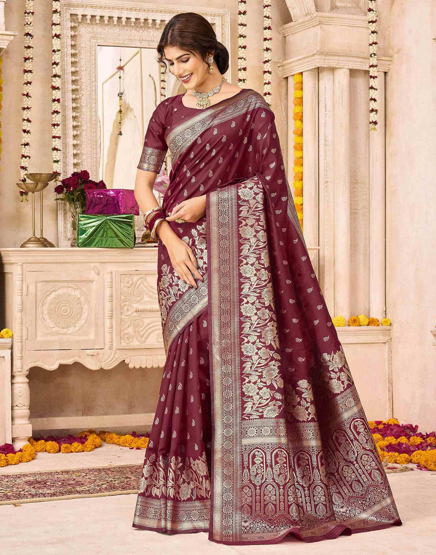 Maroon Silk Woven Saree - Image 6