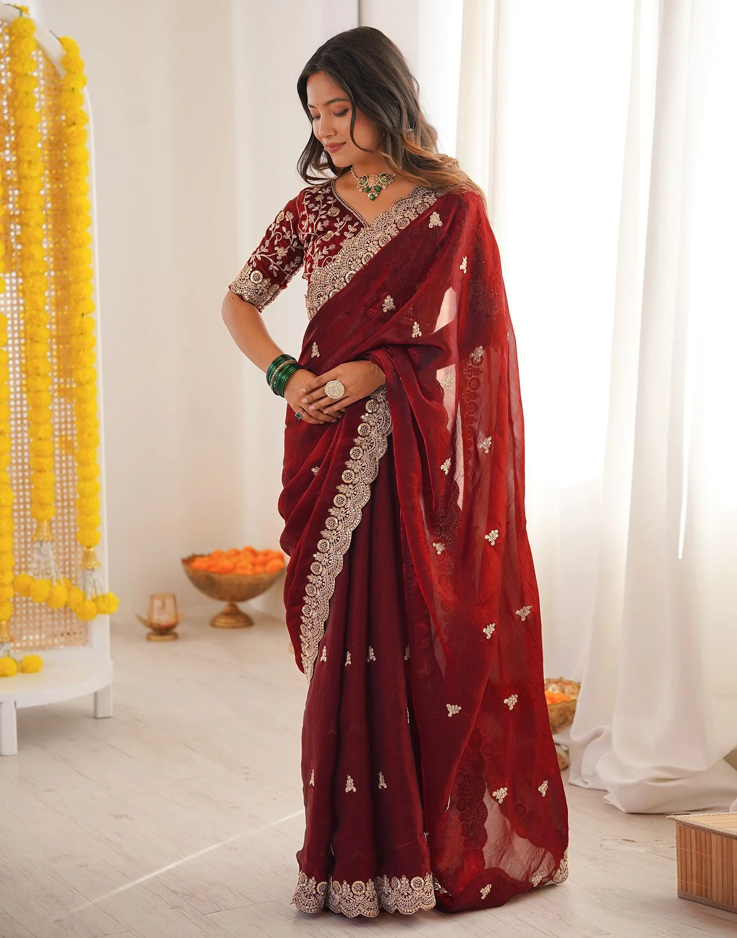 Maroon Tissue Silk Sequence Embroidery Saree - Image 2