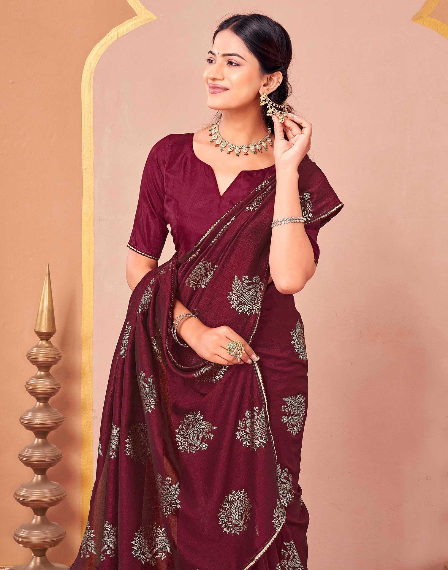 Maroon Vichitra Silk Foil Printed Gota Lace Saree - Image 2