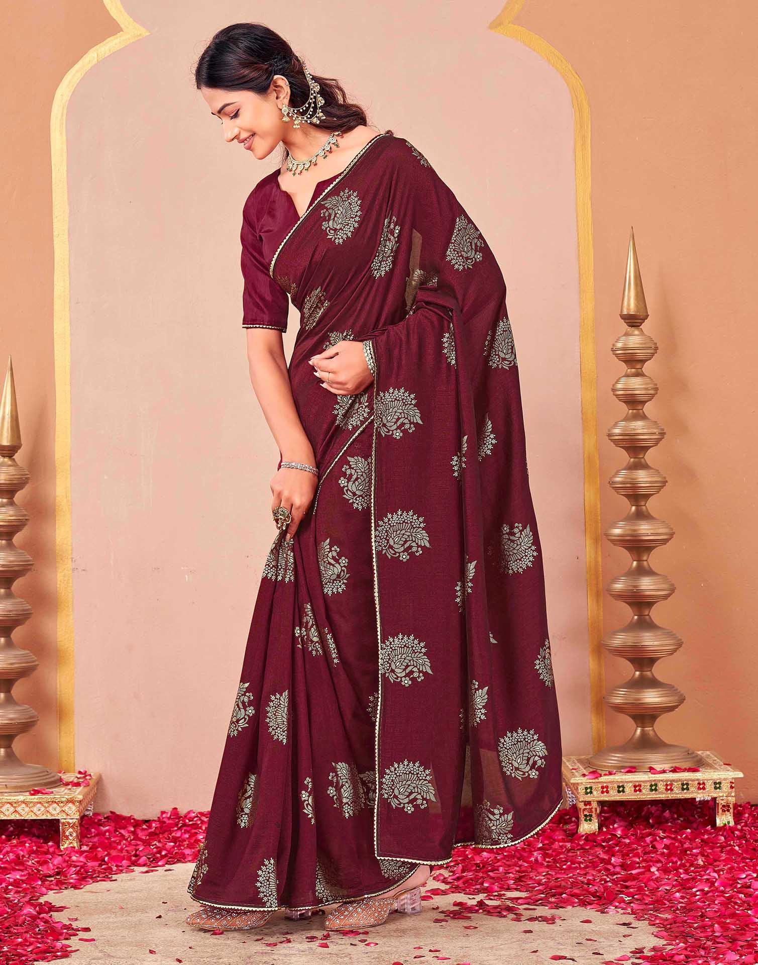 Maroon Vichitra Silk Foil Printed Gota Lace Saree - Image 4