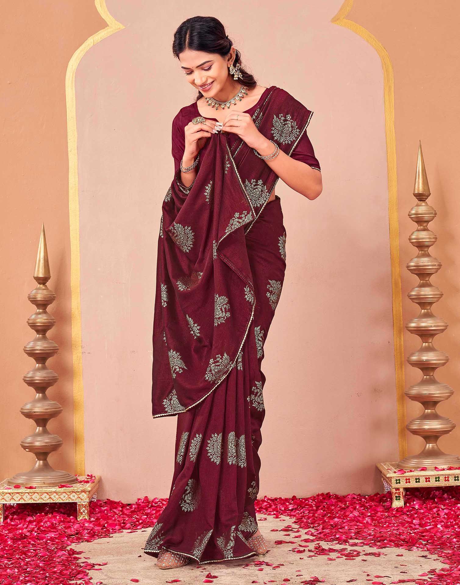 Maroon Vichitra Silk Foil Printed Gota Lace Saree - Image 5