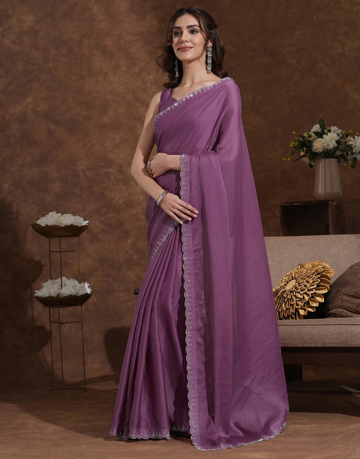 Mauve Chiffon Stone Work Swarovski Saree - Image 4