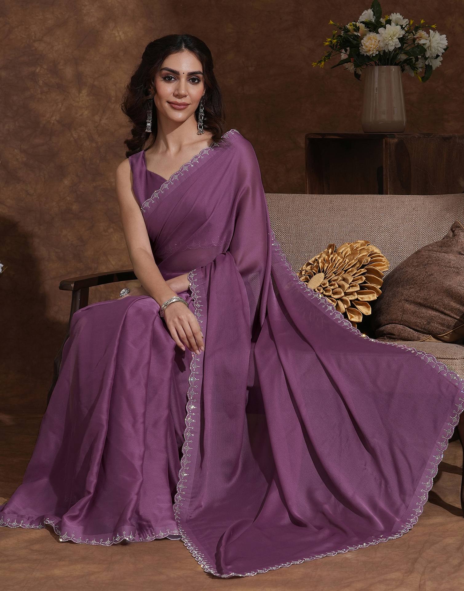 Mauve Chiffon Stone Work Swarovski Saree - Image 5