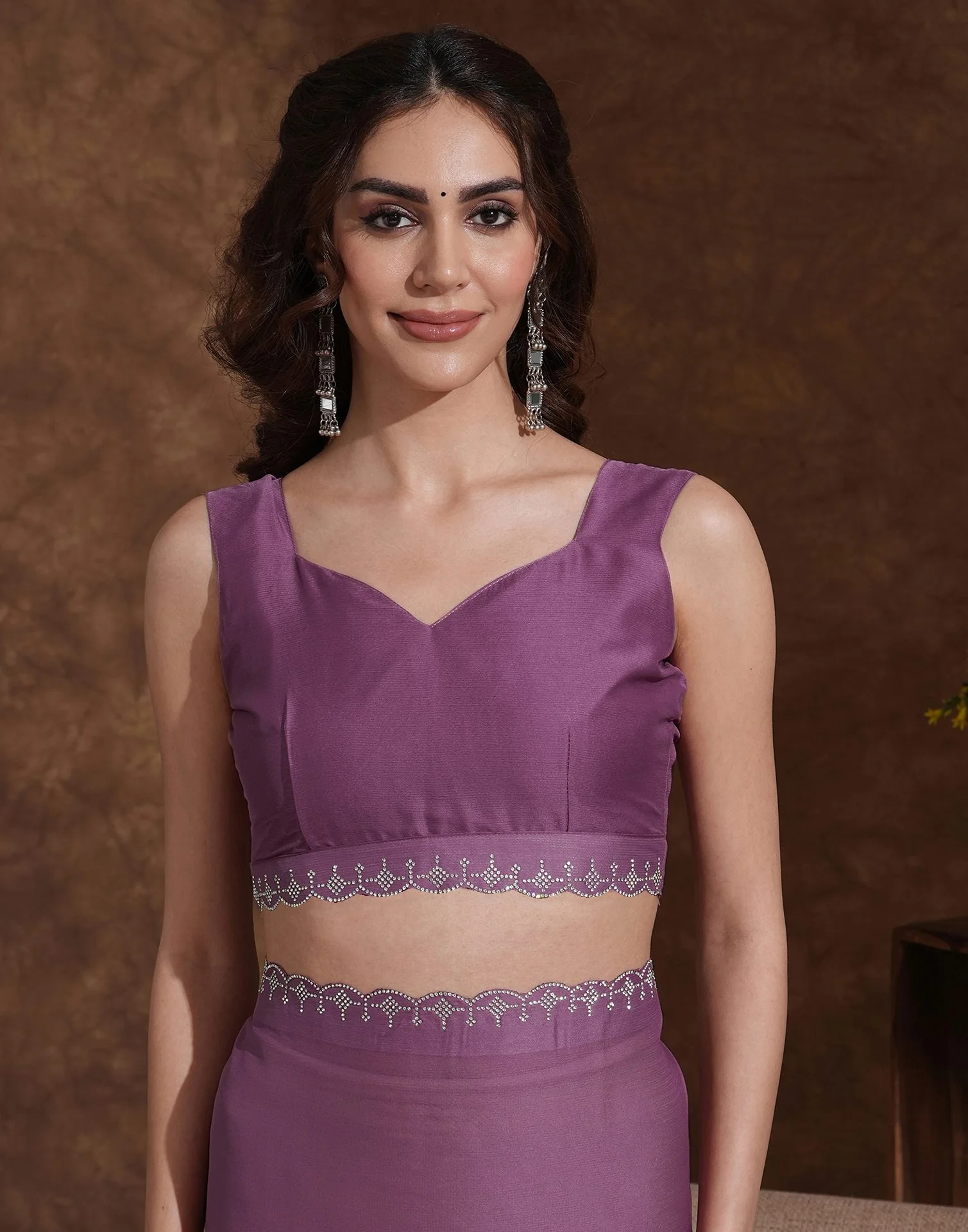 Mauve Chiffon Stone Work Swarovski Saree - Image 9